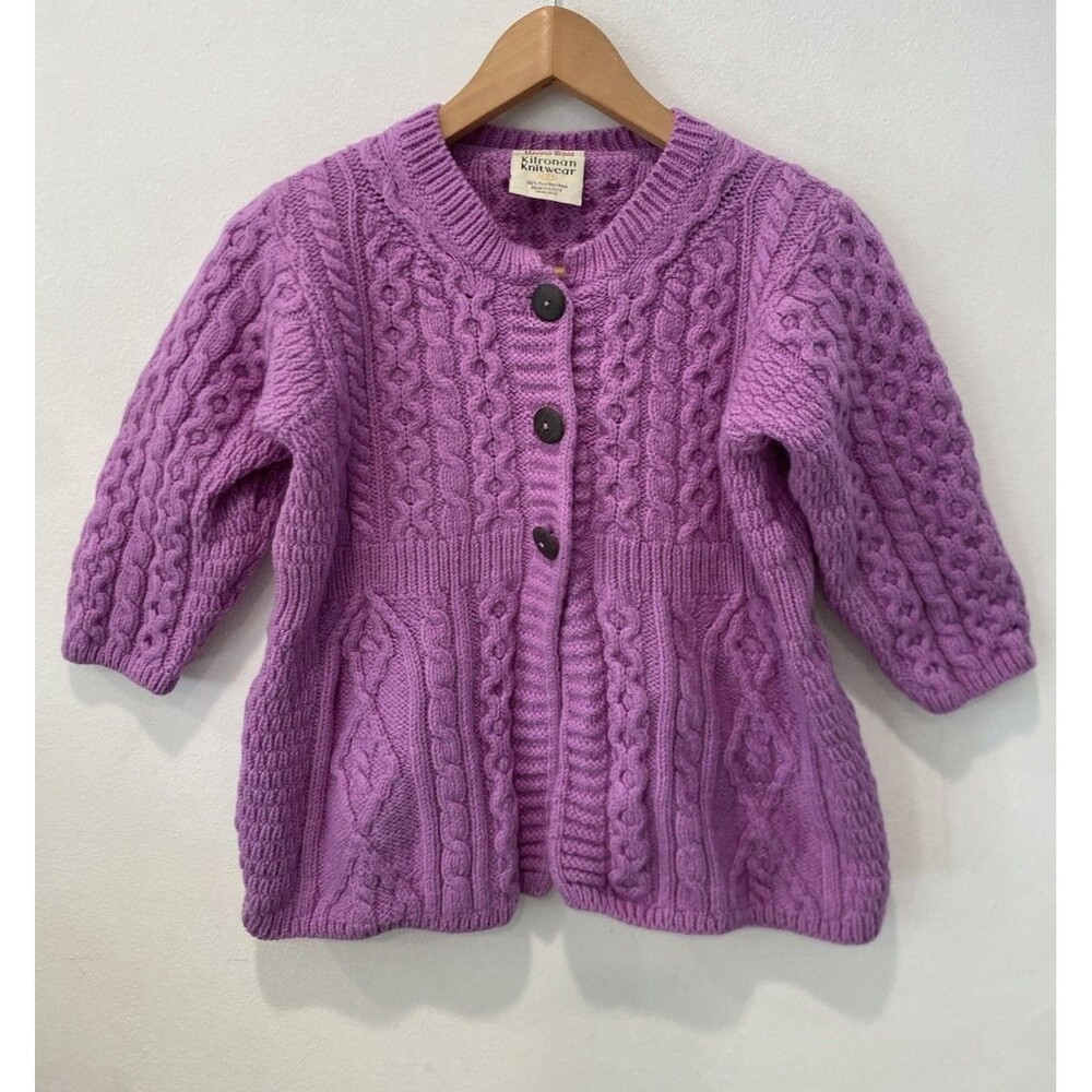 Kilronan Knitwear Sweater Cardigan Purple Merino Wool Cable Knit Fisherman Sz XS
